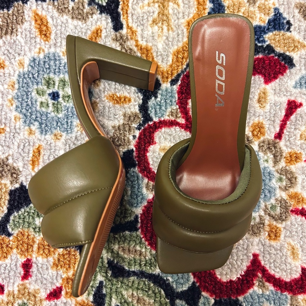 Soda Dark Green Double Puff Sandal Heel